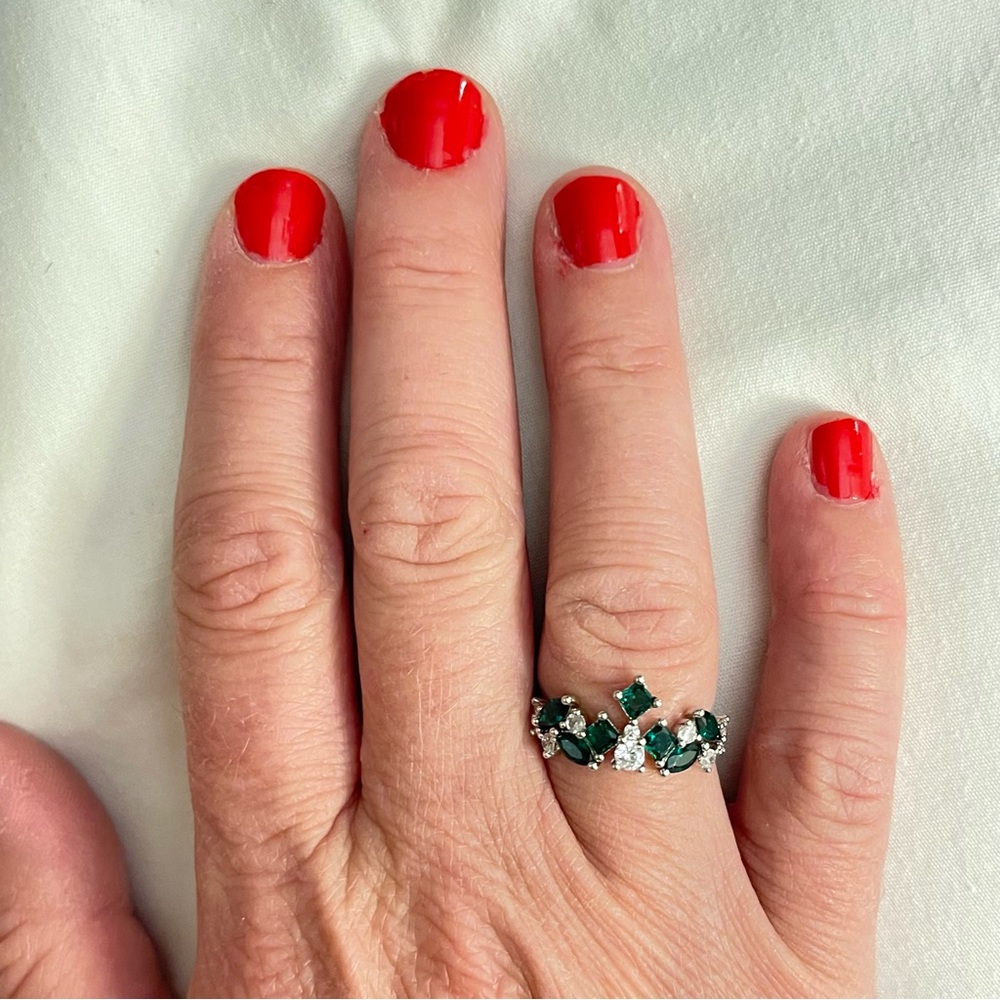 Size 7 Lab created Emerald & CZ on Rhodium Plating Rings May birthstone RBP5926